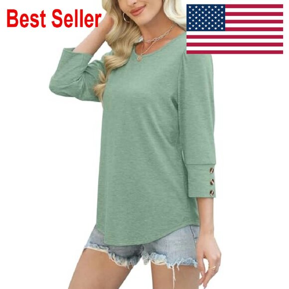 3/4 Sleeve Button Blouse Elegant Chic Casual Work Wear Flowy Fit - Picture 5 of 8